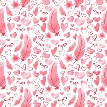 Seamless pattern with hearts, feathers and bows. Vector background for decora Stock Illustration