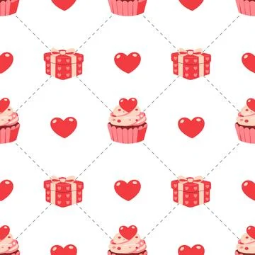 Seamless pattern with hearts, gift boxes and cupcakes. Valentine's Day seamless  イラスト素材
