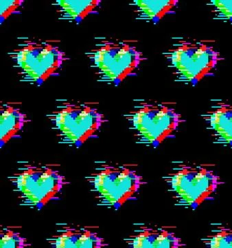 Seamless pattern of hearts with glitch effect Stock Illustration