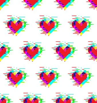 Seamless pattern of hearts with glitch effect Stock Illustration