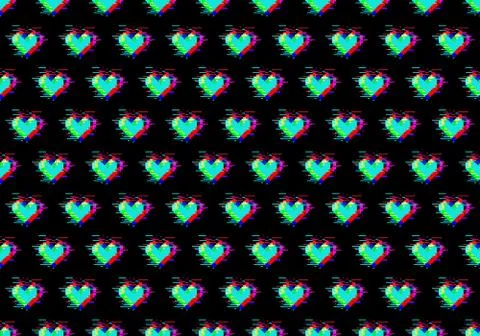 Seamless pattern of hearts with glitch effect Stock Illustration