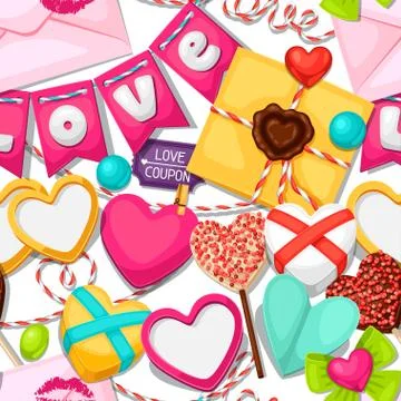 Seamless pattern with hearts, objects, decorations. Background can be used for Stock Illustration