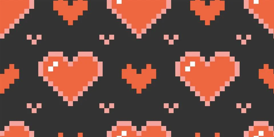 Seamless pattern with hearts, pixel art, digital drawing, retro style. Trendy Stock Illustration
