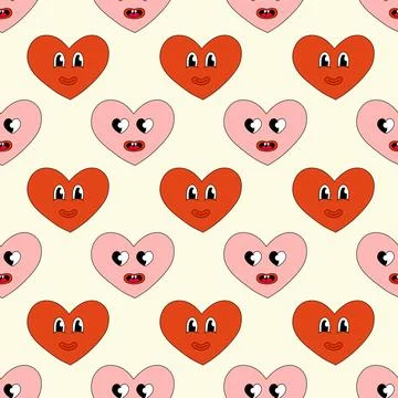 Seamless Pattern with Hearts Red and Pink Characters Smile for Valentine Day Stock Illustration