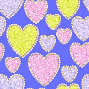 Seamless pattern of hearts with sequins glitter effect pearls Stock Illustration