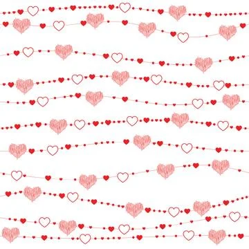 Seamless pattern with hearts on a string, red hearts on a white background. b Stock Illustration