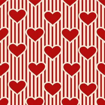 Seamless pattern of hearts on a striped retro background in red and cream Stock Illustration