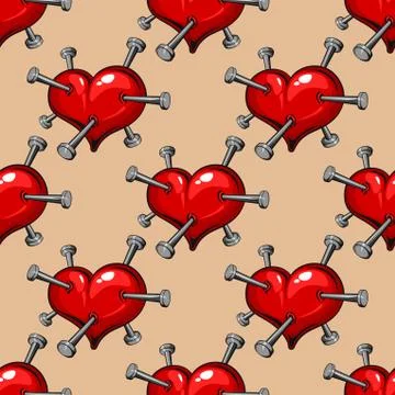 Seamless pattern of hearts studded with nails Stock Illustration