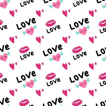 Seamless pattern with hearts with wings, lips and word love Illustrazione stock