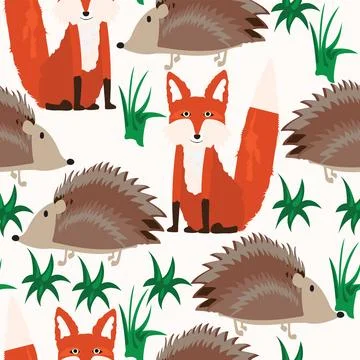 Seamless pattern with hedgehog and fox Illustrazione stock