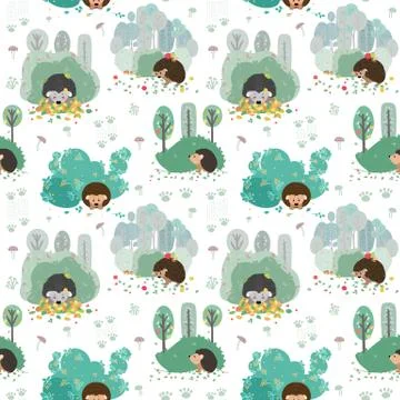 Seamless pattern with hedgehog on the background of a tree, plant, bush and d Stock Illustration