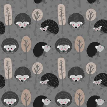 Seamless pattern with hedgehog on the background of a tree, plant, bush and d Stock Illustration