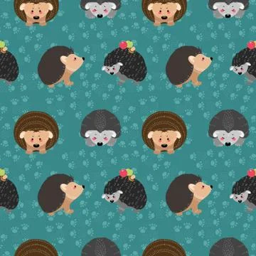 Seamless pattern with hedgehog on the background of a tree, plant, bush Stock Illustration