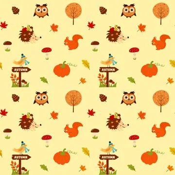 Seamless pattern with hedgehog, owl, squirrel, bird on roadsign, mushrooms,.. Stock Illustration