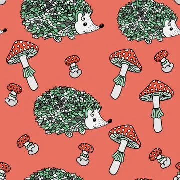 Seamless pattern with hedgehogs and mushrooms. Stock-Illustration