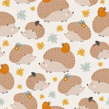 Seamless pattern with hedgehogs ann mushrooms. Creative scandinavian background Illustrazione stock