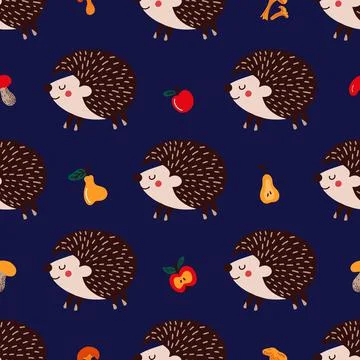 Seamless pattern with hedgehogs on blue background vector illustration Stock Illustration