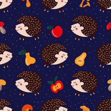 Seamless pattern with hedgehogs on blue background Stock Illustration