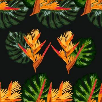 Seamless pattern of Heliconia flowers or lobster-claws and tropical leaf back イラスト素材