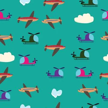Seamless pattern with helicopters and airplanes with turquoise background Stock Illustration