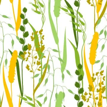 Seamless pattern with herbs and cereal grass silhouettes. Floral ornament of 스톡 일러스트
