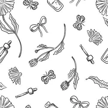 Seamless pattern of herbs and flowers for natural cosmetics design. Vector .. Stock Illustration