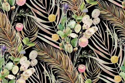 Seamless pattern with herbs and palm leaves and tropical leaves in boho style Stock Illustration