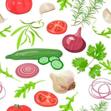 Seamless pattern herbs and vegetables. Tomato, cucumber, onion, garlic, parsley  Stock Illustration