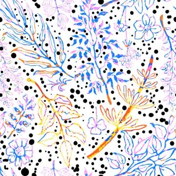 Seamless pattern with herbs, plants and flowers Stock Illustration