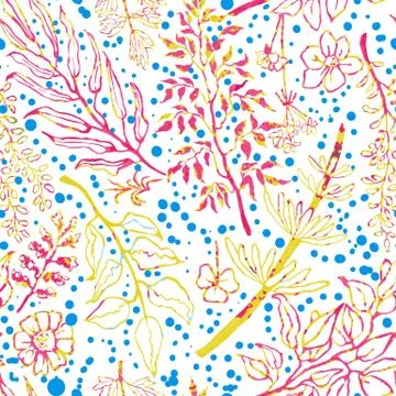 Seamless pattern with herbs, plants and flowers Stock Illustration