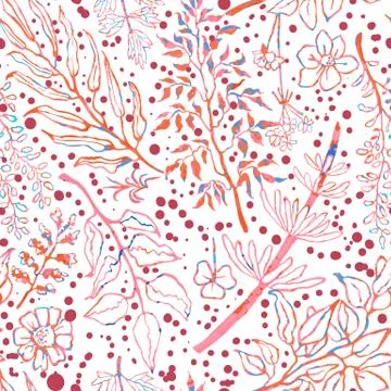 Seamless pattern with herbs, plants and flowers Stock Illustration