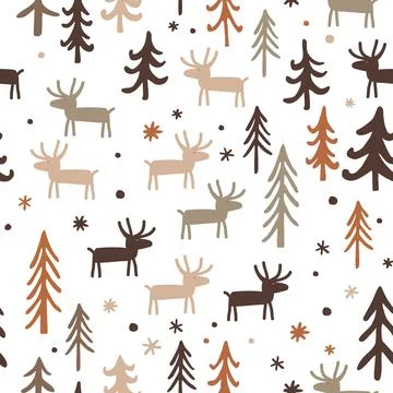 Seamless pattern with herd of deer in fir trees forest. Christmas and New Year Stock Illustration