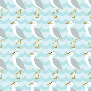 Seamless pattern with heron on blue wave background Stock Illustration