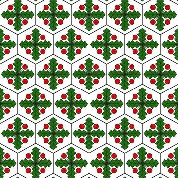 Seamless pattern with hexagons and abstract mistletoe sprigs. Stock Illustration