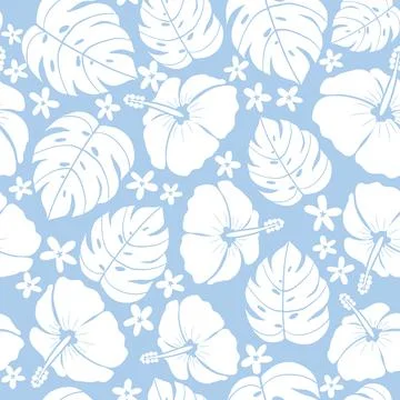 Seamless pattern hibiscus and tropical plants, exotic monstera leaves Stock Illustration