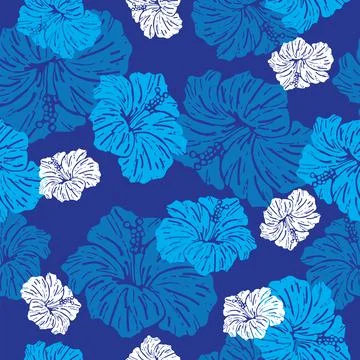 Seamless pattern with hibiscus flower blue background Stock Illustration