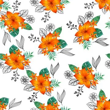 Seamless pattern hibiscus flower hand draw design Stock Illustration