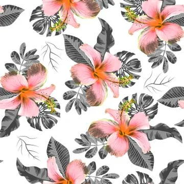 Seamless pattern hibiscus flower with leaf design white Stock Illustration