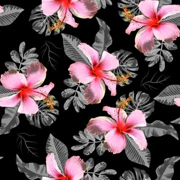 Seamless pattern hibiscus flower with leaf design Stock Illustration