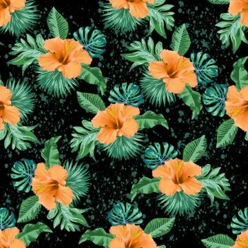 Seamless pattern hibiscus flower with leaf pattern black Stock Illustration