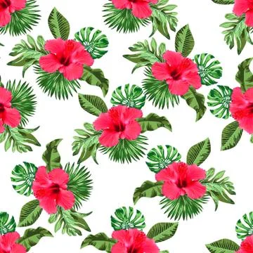 Seamless pattern hibiscus flower with leaf pattern white background Stock Illustration