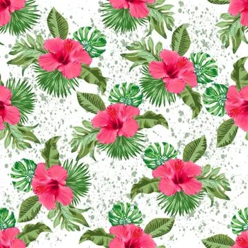 Seamless pattern hibiscus flower with leaf pattern white Stock Illustration