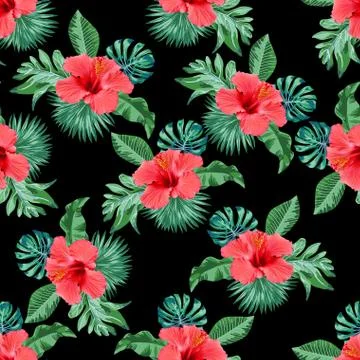 Seamless pattern hibiscus flower with leaf pattern Stock Illustration
