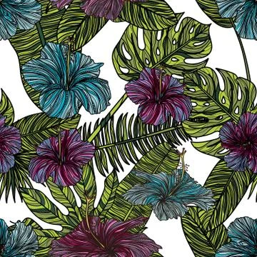 Seamless pattern with hibiscus flowers and tropical leaves. Illustrazione stock