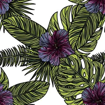 Seamless pattern with hibiscus flowers and tropical leaves. Illustrazione stock