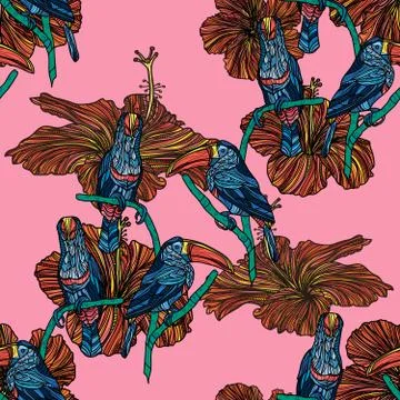 Seamless pattern with hibiscus flowers and toucans. Stock Illustration