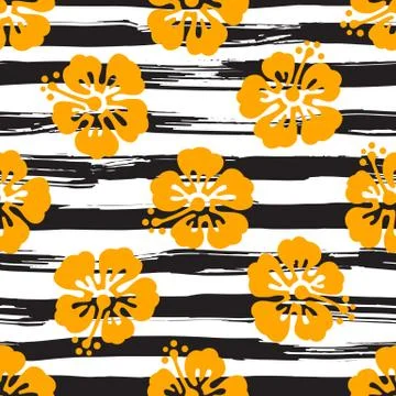Seamless pattern with hibiscus flowers on striped background. Tropical summer Stock Illustration