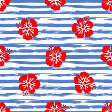 Seamless pattern with hibiscus flowers on striped background. Tropical summer Stock Illustration
