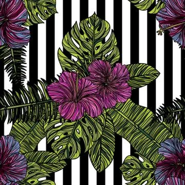 Seamless pattern with hibiscus flowers, tropical leaves and black stripes. Illustrazione stock
