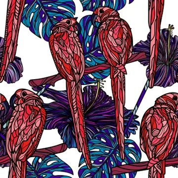 Seamless pattern with hibiscus flowers, tropical leaves and parrots. Illustrazione stock